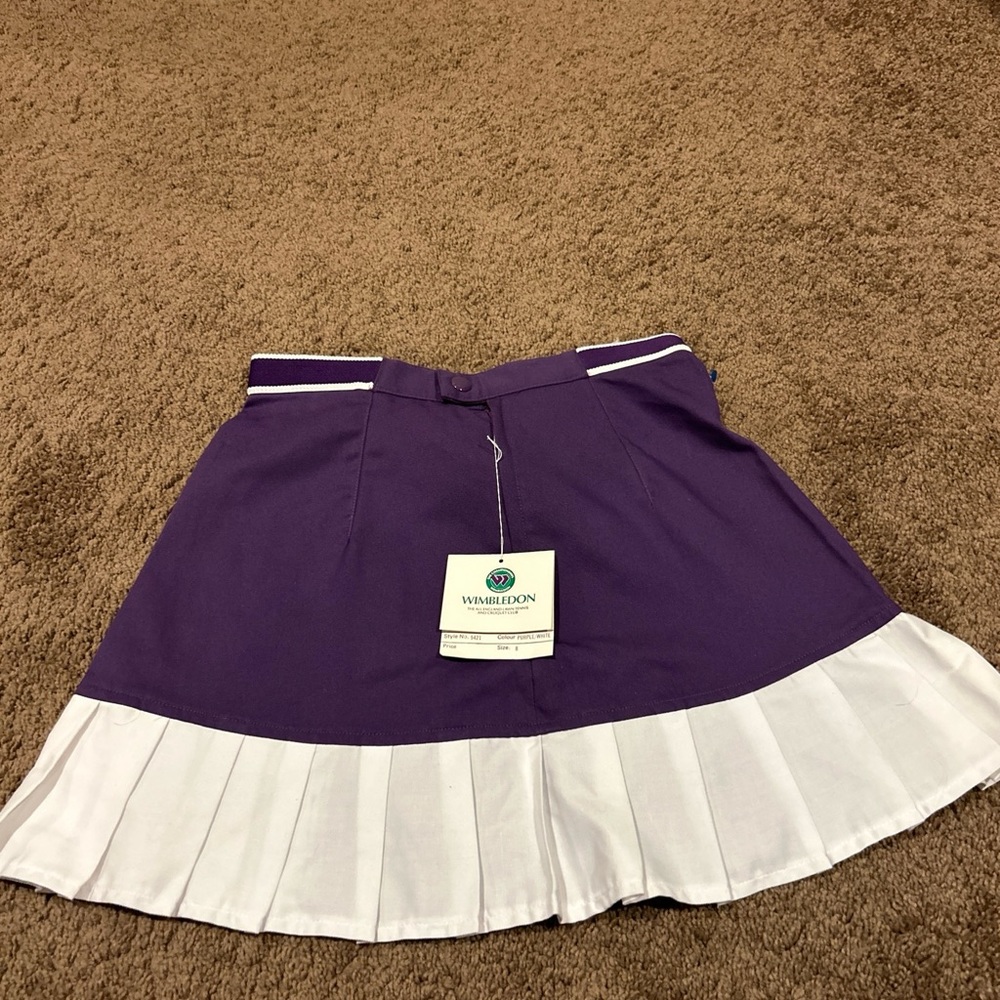 Girls Wimbledon Purple and White Pleated Tennis skirt No shorts.